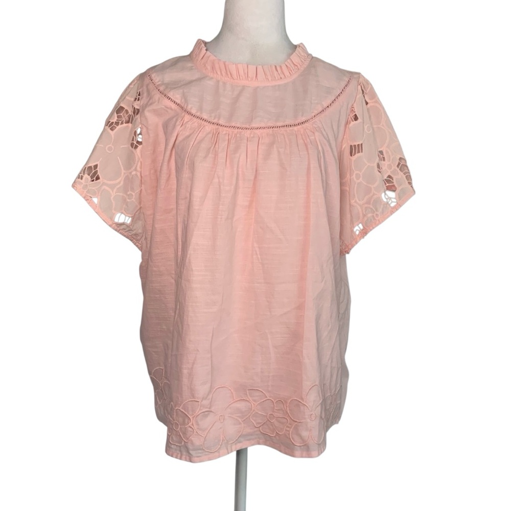 NWT MIRA Women’s Large Baby Pink Floral Lace Detail Ruffle Neck Feminine Blouse
